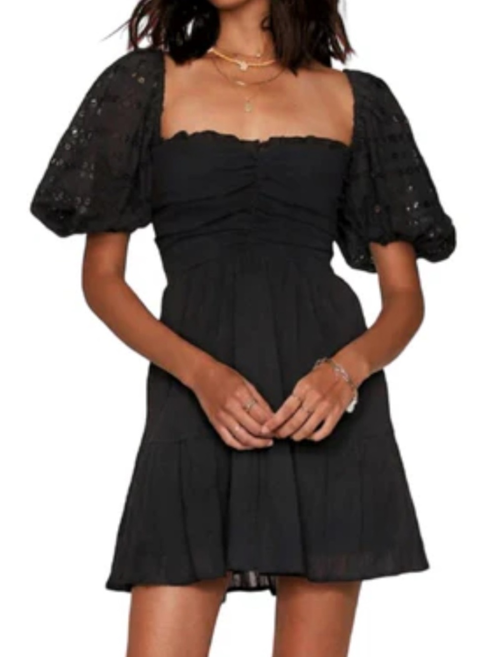 Heartloom cella black puff sleeve eyelet babydoll cotton summer mini dress sz L